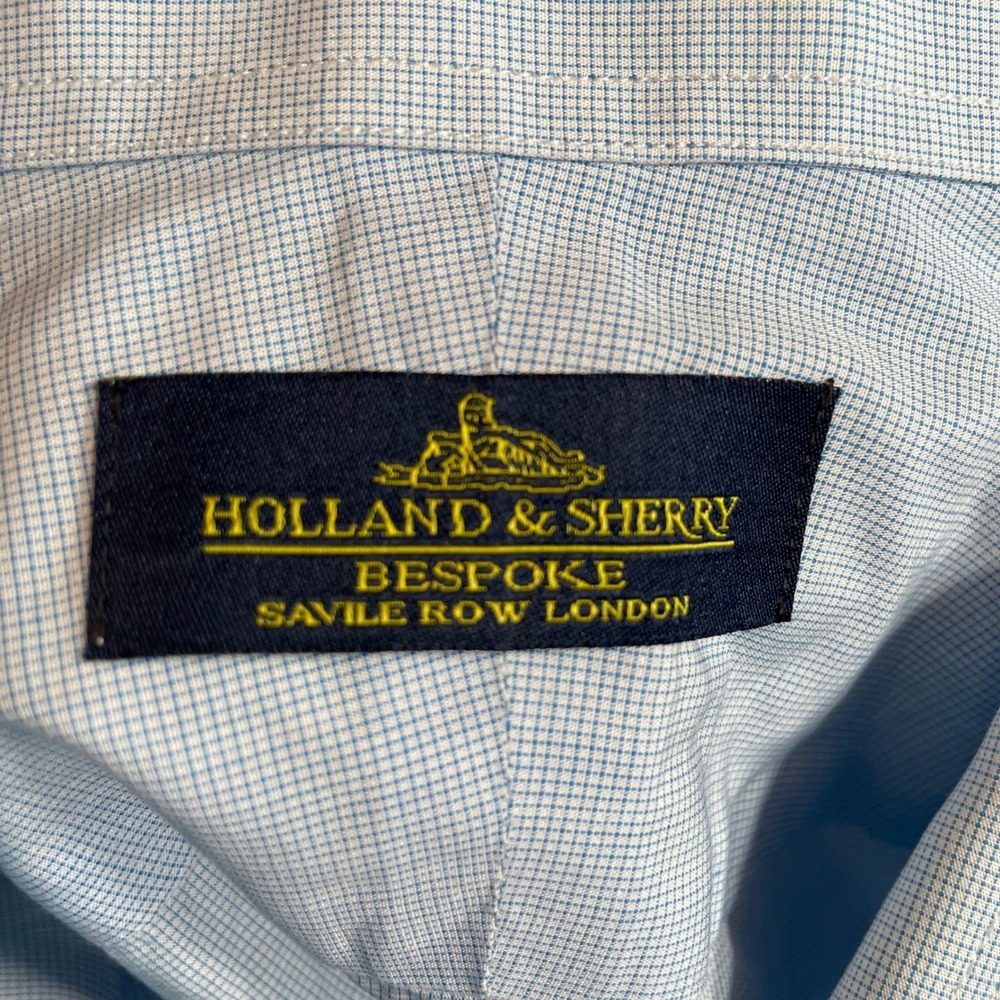 Holland & Sherry Bespoke Savile Row London‎ Blue Micro Check Dress Shirt Mens XL - Picture 2 of 7